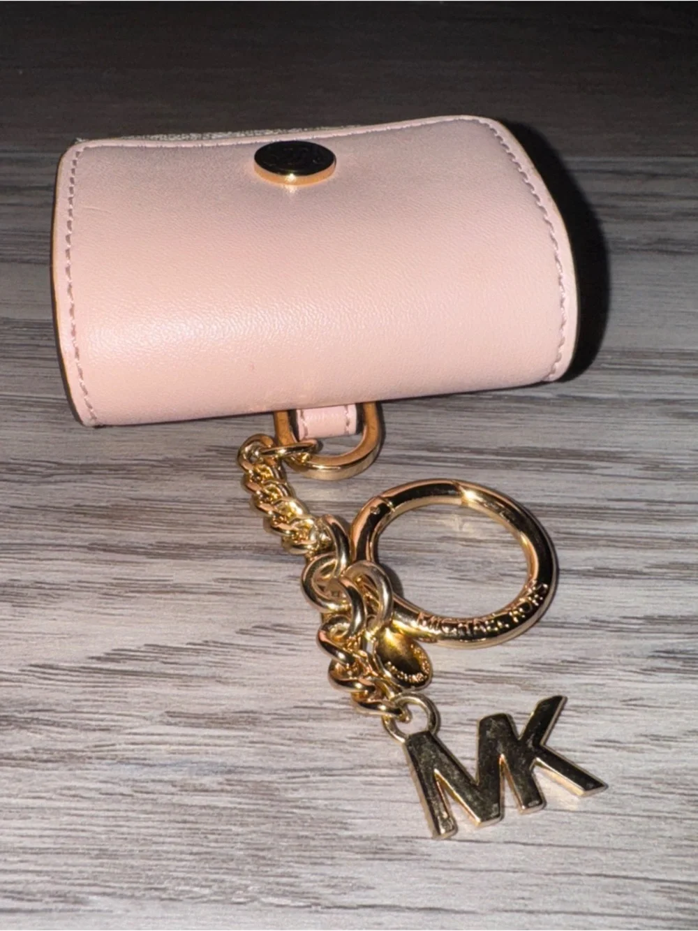 Michael Kors Pink Gold Monogram Leather AirPods Case Keychain